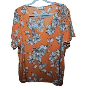 Calvin Klein Women's Shirt Pullover Floral Burnt Orange V-neck Stretch, 3XL